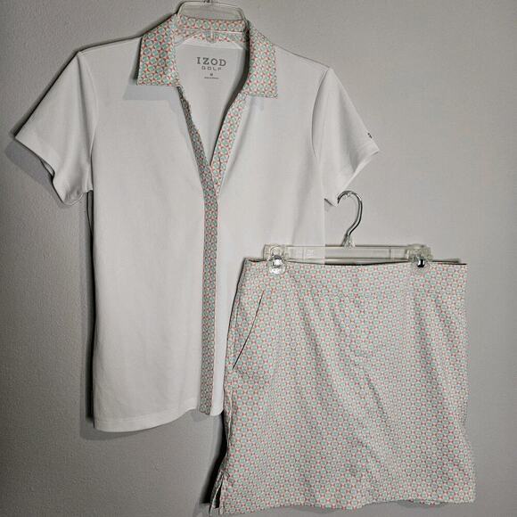 Women’s IZOD Stretch Golf Matching Skort and Shirt Set 6/M Pink Blue White NWOT - Picture 1 of 16